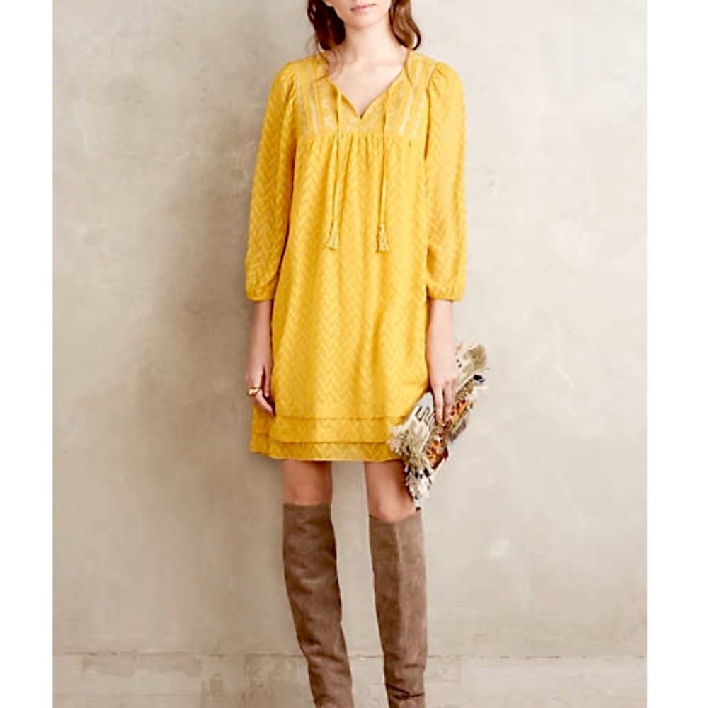 Anthropologie One September Anwen Peasant Dress Mustard Yellow XL